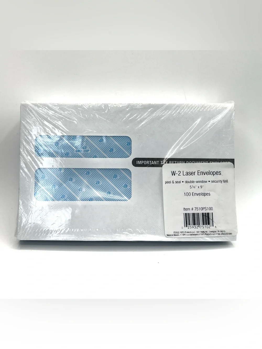 Tops White W-2 Double-Window Laser Envelopes with Blue Security Tint